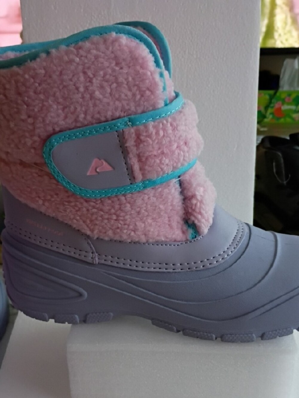 Kids Pink Faux-Sherpa Winter Boots with Teal Trim